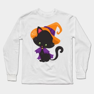 Halloween Cat, Cute Cat, Black Cat, Witch Hat Long Sleeve T-Shirt